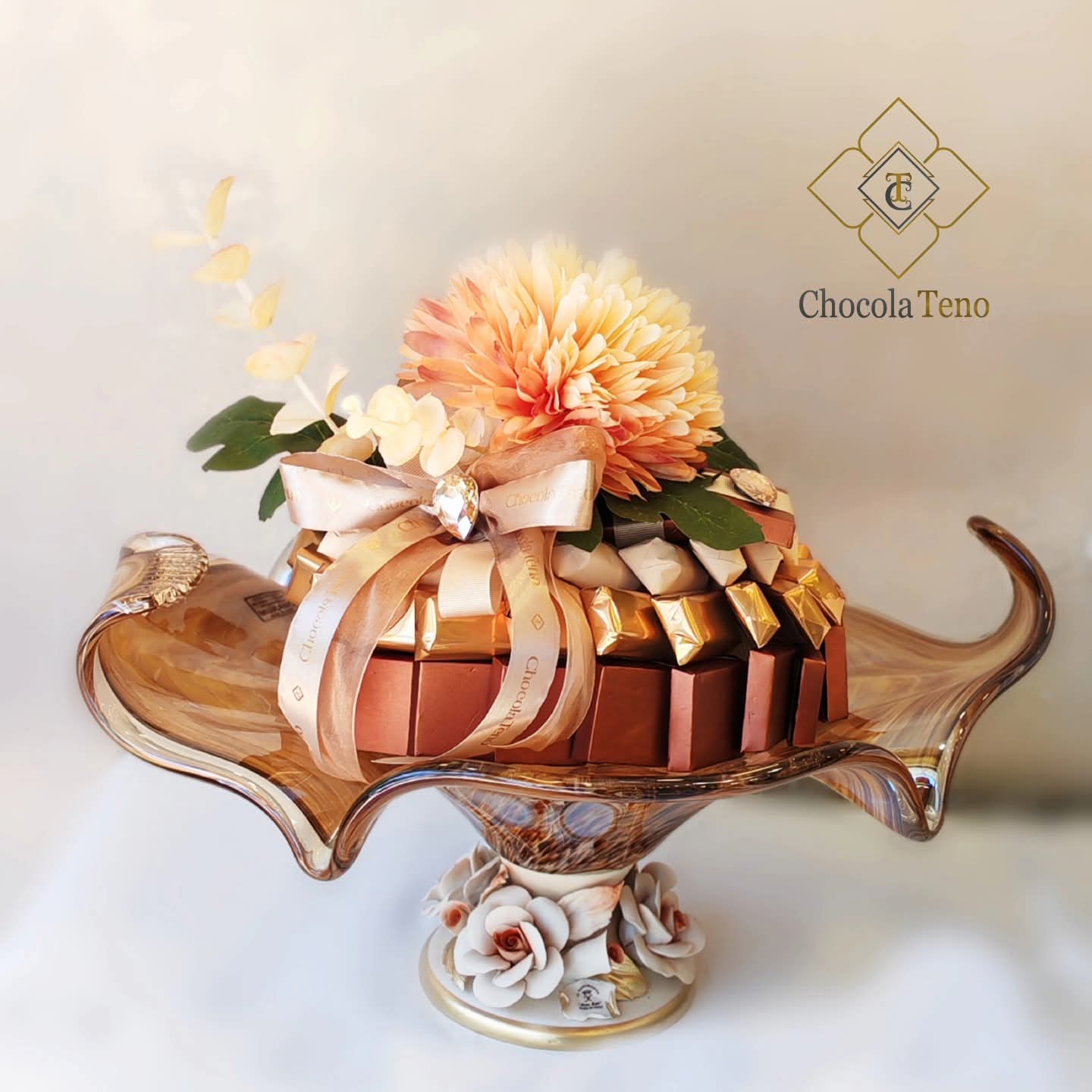 Floral chocolate arrangement on crystal stand
